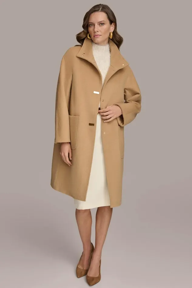 Women Donna Karan Coats And Jackets FUNNEL NECK COAT Camel
