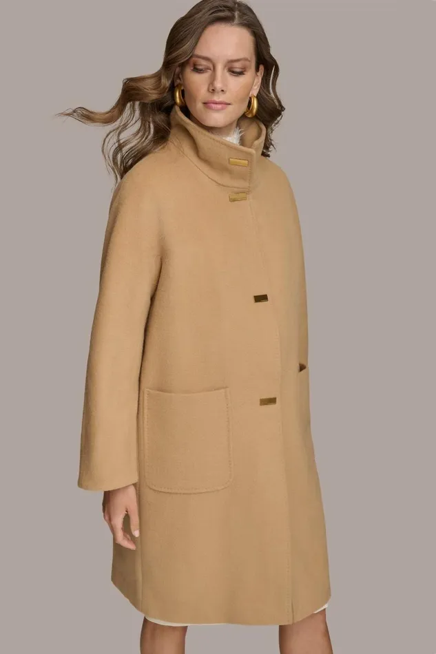 Women Donna Karan Coats And Jackets FUNNEL NECK COAT Camel