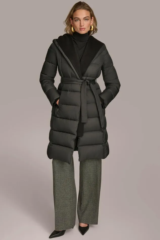 Women Donna Karan Coats And Jackets TIE WAIST PUFFER Black