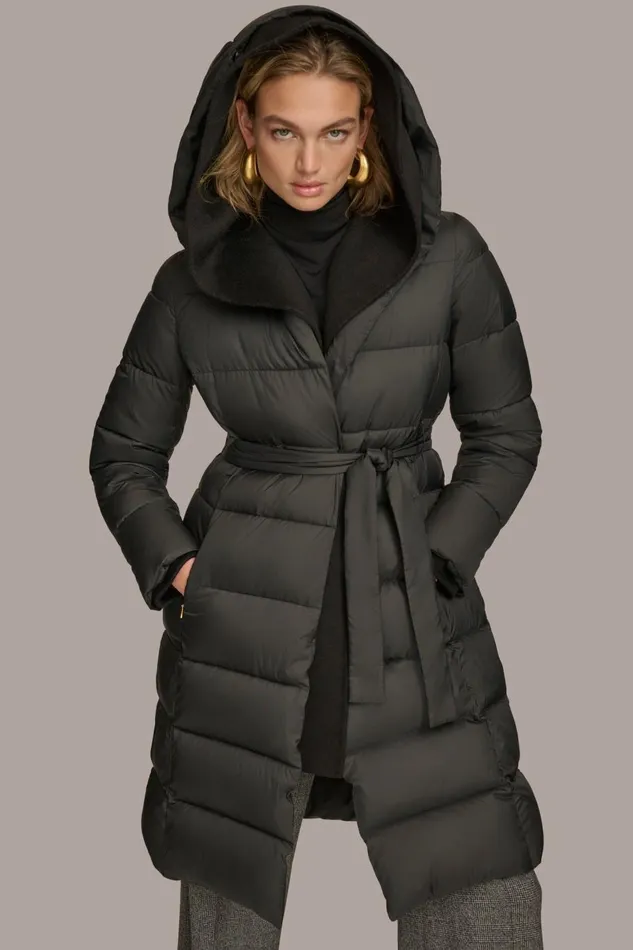 Women Donna Karan Coats And Jackets TIE WAIST PUFFER Black