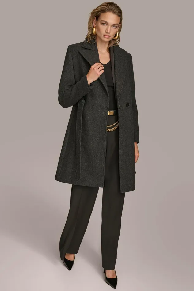 Women Donna Karan Coats And Jackets WOOL LONG WRAP COAT Black