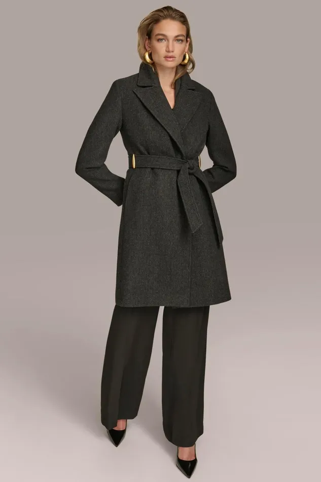 Women Donna Karan Coats And Jackets WOOL LONG WRAP COAT Black