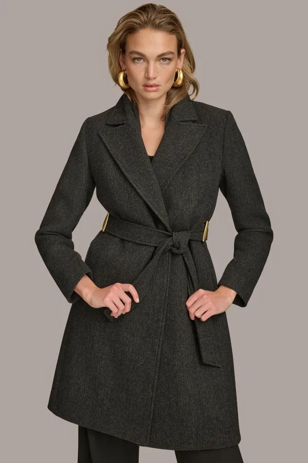 Women Donna Karan Coats And Jackets WOOL LONG WRAP COAT Black