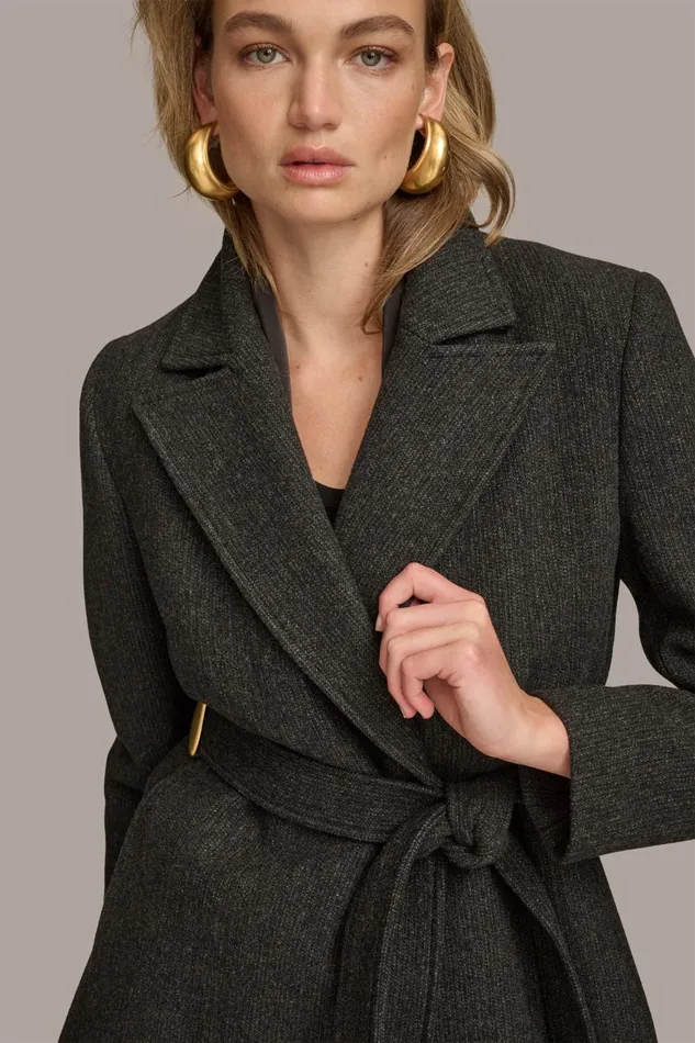 Women Donna Karan Coats And Jackets WOOL LONG WRAP COAT Black