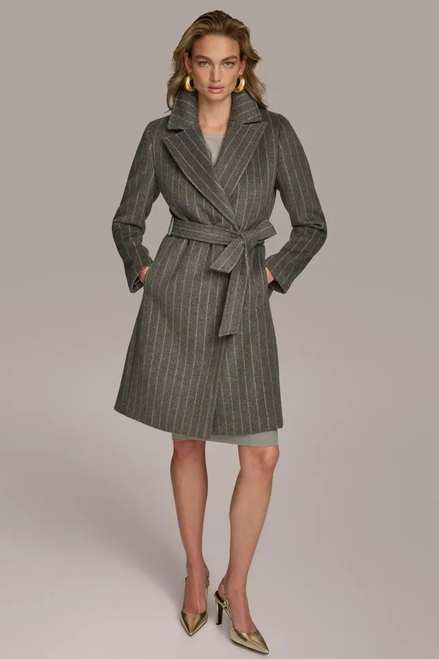 Women Donna Karan Coats And Jackets WOOL LONG WRAP COAT Grey Pinstripe