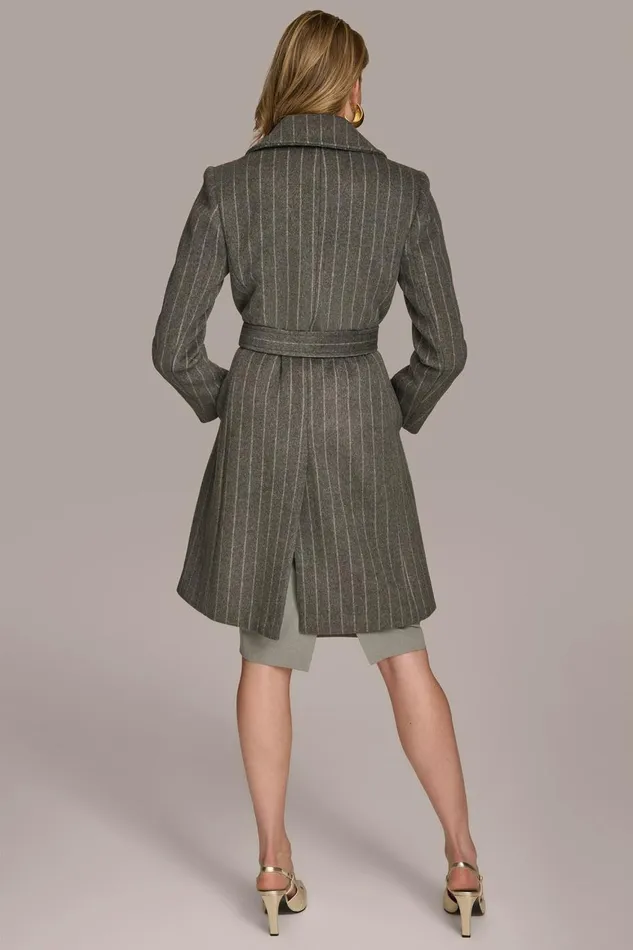 Women Donna Karan Coats And Jackets WOOL LONG WRAP COAT Grey Pinstripe