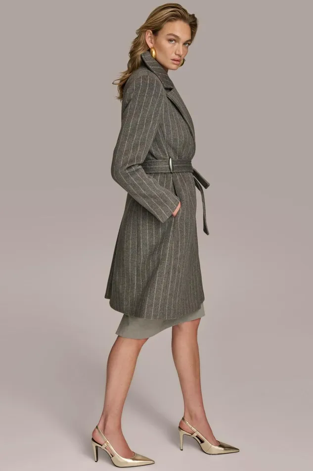 Women Donna Karan Coats And Jackets WOOL LONG WRAP COAT Grey Pinstripe
