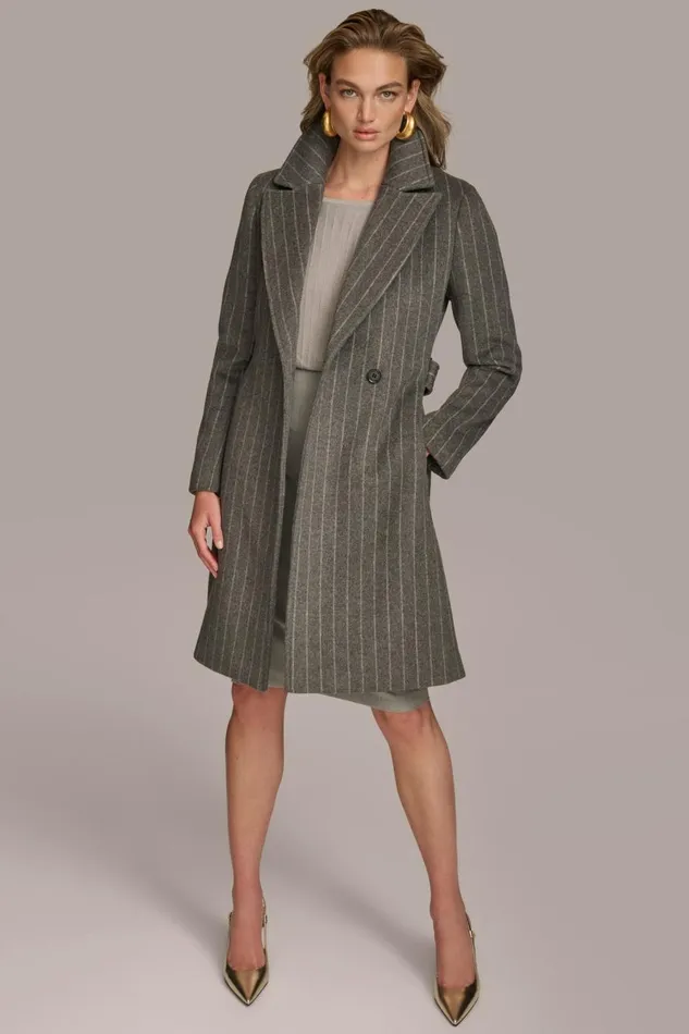 Women Donna Karan Coats And Jackets WOOL LONG WRAP COAT Grey Pinstripe