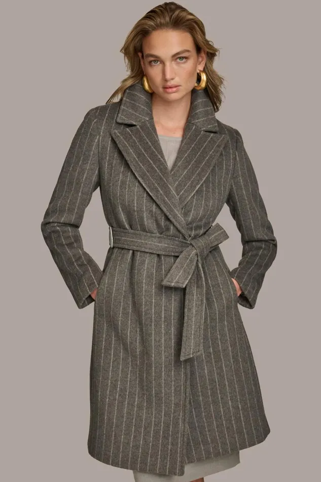 Women Donna Karan Coats And Jackets WOOL LONG WRAP COAT Grey Pinstripe