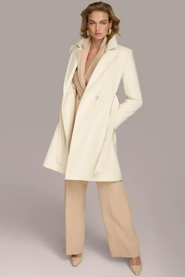 Women Donna Karan Coats And Jackets WOOL LONG WRAP COAT Ivory