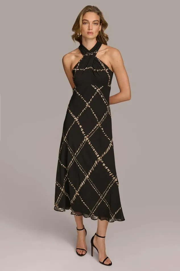 Women Donna Karan Dresses And Jumpsuits CHIFFON HALTER MIDI DRESS Blacksand Multi Women Donna Karan Dresses And Jumpsuits CHIFFON HALTER MIDI DRESS Blacksand Multi