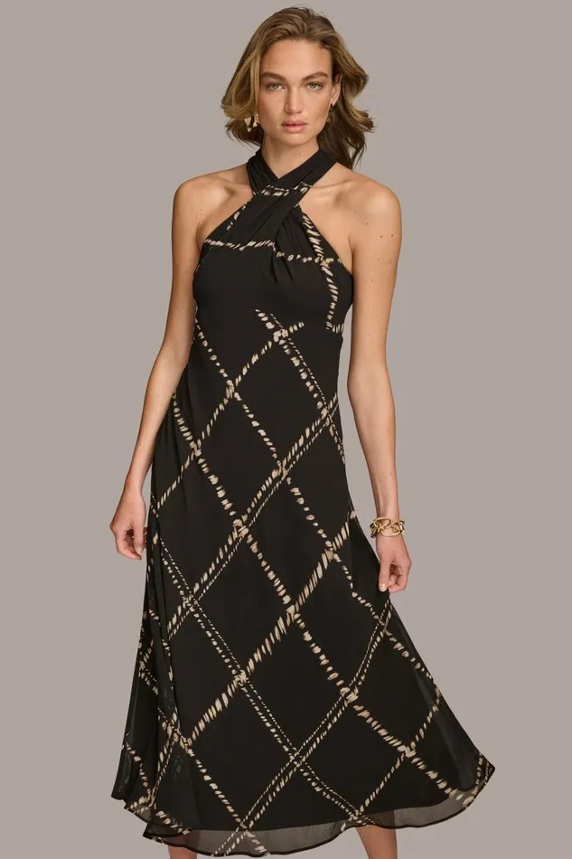 Women Donna Karan Dresses And Jumpsuits CHIFFON HALTER MIDI DRESS Blacksand Multi