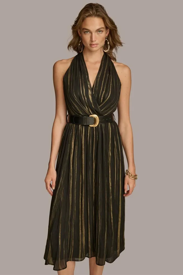 Women Donna Karan Dresses And Jumpsuits CHIFFON V NECK A LINE WITH BELT Black