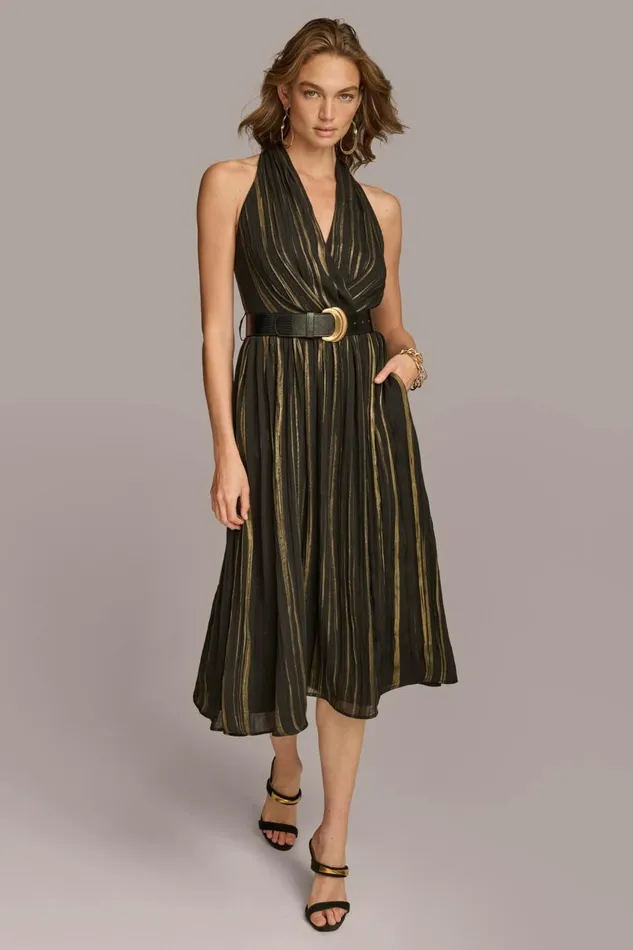 Women Donna Karan Dresses And Jumpsuits CHIFFON V NECK A LINE WITH BELT Black