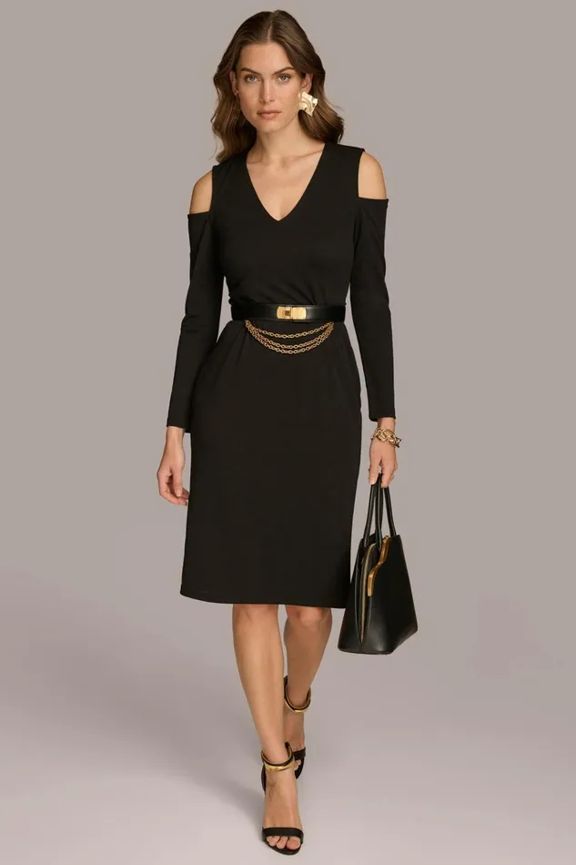 Women Donna Karan Dresses And Jumpsuits COLD SHOULDER DRESS WITH CHAIN BELT Black Women Donna Karan Dresses And Jumpsuits COLD SHOULDER DRESS WITH CHAIN BELT Black