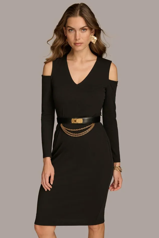 Women Donna Karan Dresses And Jumpsuits COLD SHOULDER DRESS WITH CHAIN BELT Black