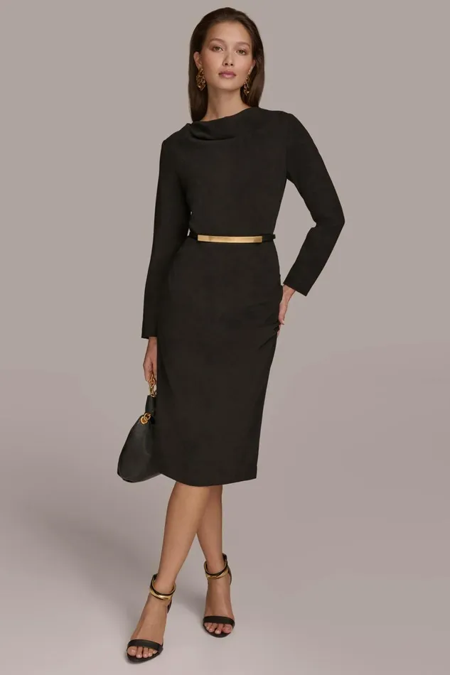 Women Donna Karan Dresses And Jumpsuits COWL NECK BAR BELT DRESS Black