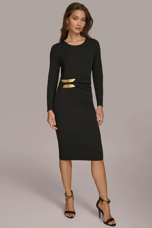 Women Donna Karan Dresses And Jumpsuits FITTED MIDI DRESS WITH BRUSHED HARDWARE DETAIL Black Women Donna Karan Dresses And Jumpsuits FITTED MIDI DRESS WITH BRUSHED HARDWARE DETAIL Black
