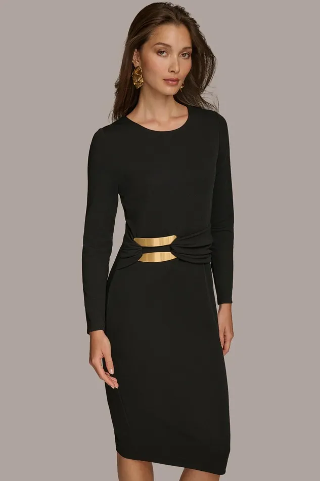 Women Donna Karan Dresses And Jumpsuits FITTED MIDI DRESS WITH BRUSHED HARDWARE DETAIL Black