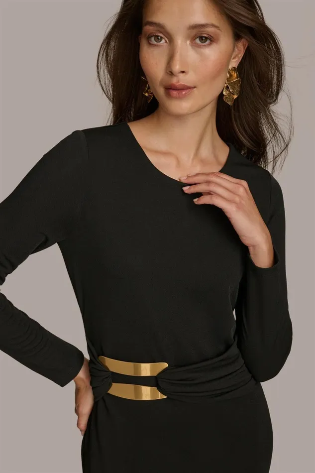 Women Donna Karan Dresses And Jumpsuits FITTED MIDI DRESS WITH BRUSHED HARDWARE DETAIL Black