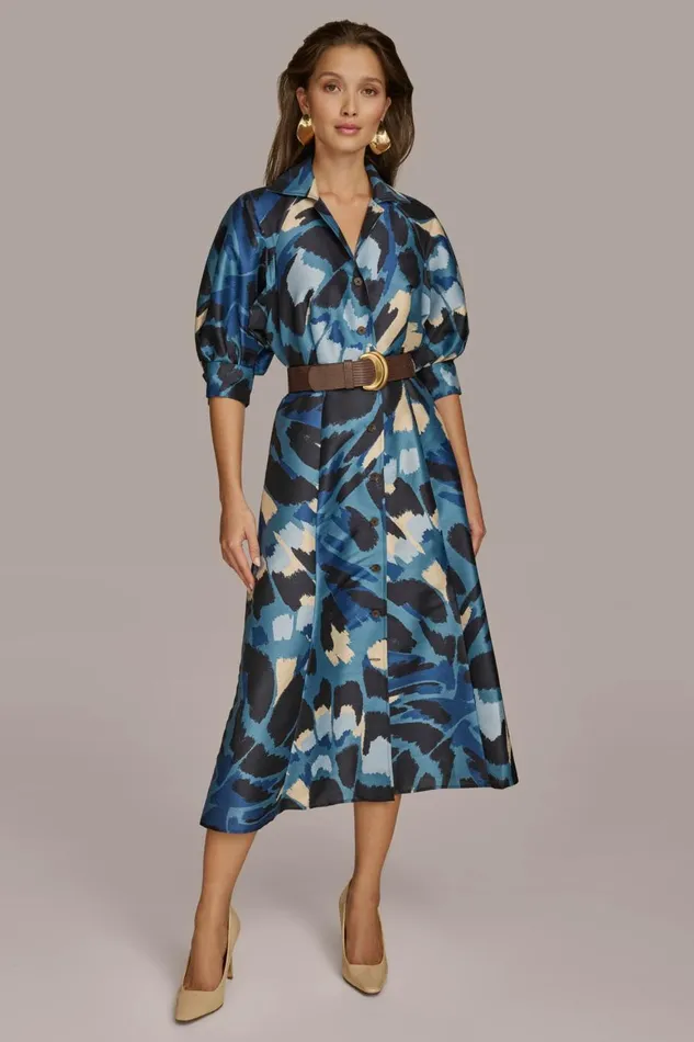 Women Donna Karan Dresses And Jumpsuits FLORAL PRINT A LINE MIDI SHIRT DRESS Horizon Multi