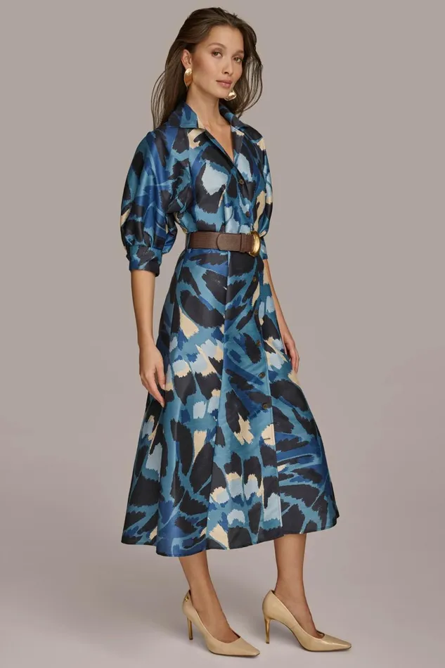 Women Donna Karan Dresses And Jumpsuits FLORAL PRINT A LINE MIDI SHIRT DRESS Horizon Multi