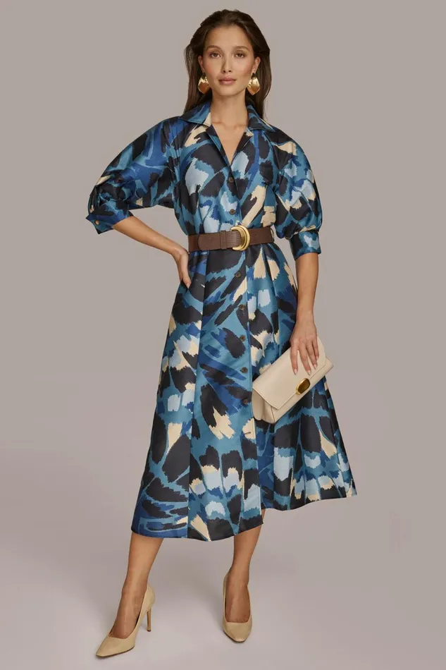 Women Donna Karan Dresses And Jumpsuits FLORAL PRINT A LINE MIDI SHIRT DRESS Horizon Multi