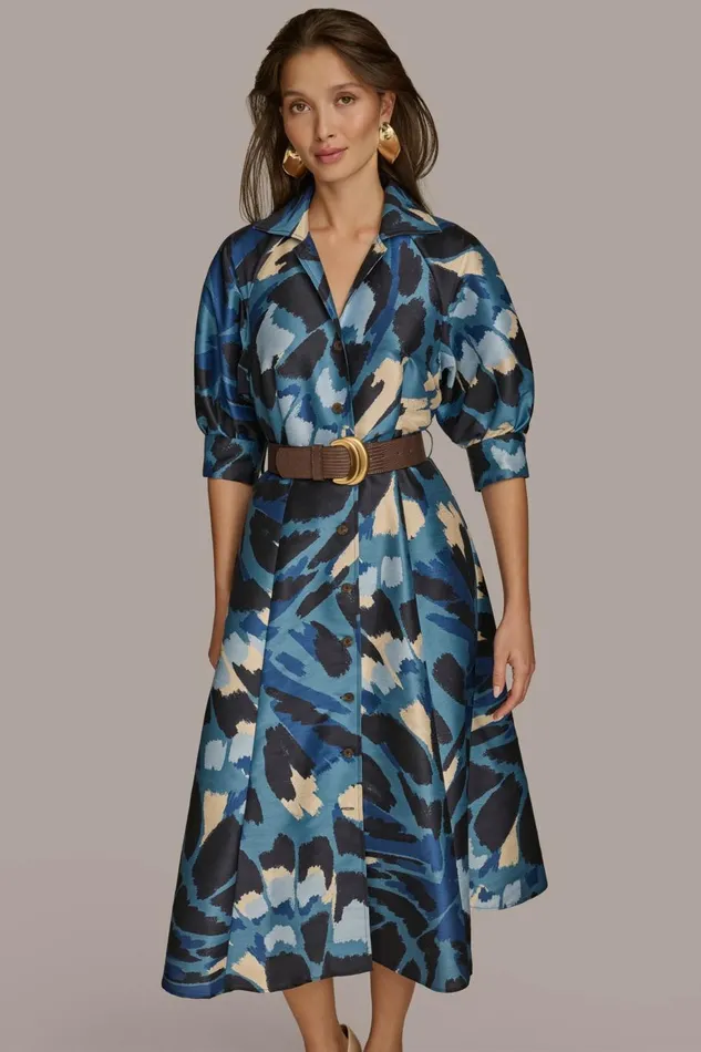 Women Donna Karan Dresses And Jumpsuits FLORAL PRINT A LINE MIDI SHIRT DRESS Horizon Multi