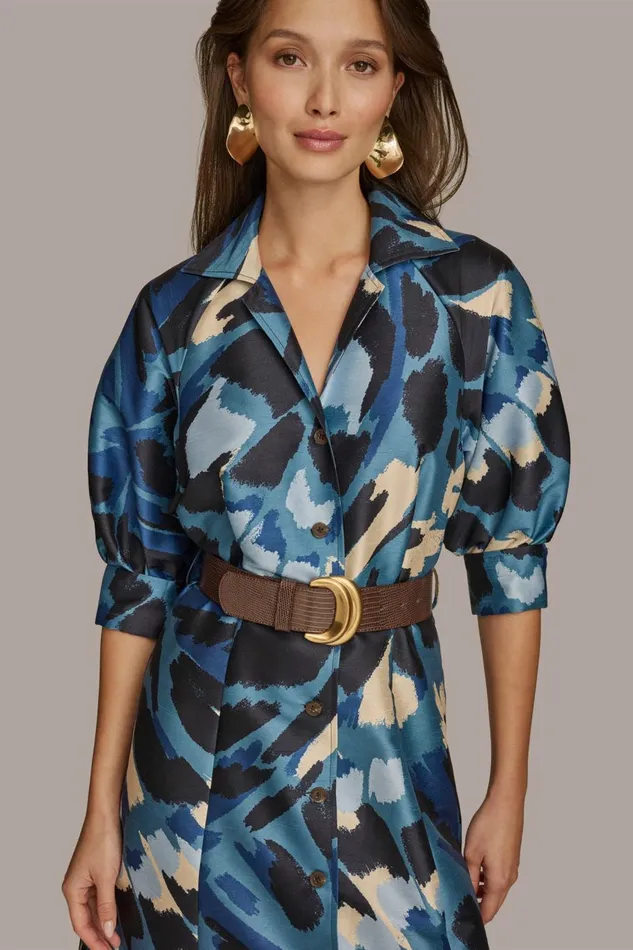 Women Donna Karan Dresses And Jumpsuits FLORAL PRINT A LINE MIDI SHIRT DRESS Horizon Multi