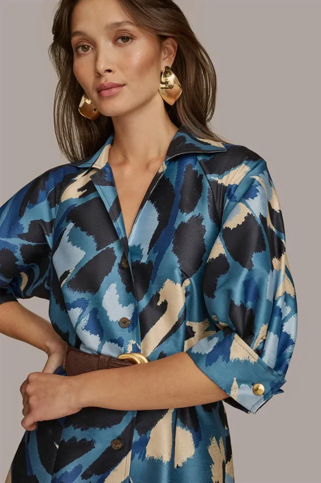 Women Donna Karan Dresses And Jumpsuits FLORAL PRINT A LINE MIDI SHIRT DRESS Horizon Multi