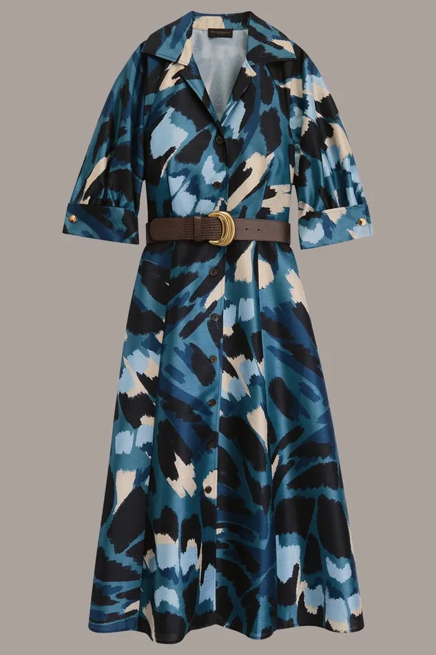 Women Donna Karan Dresses And Jumpsuits FLORAL PRINT A LINE MIDI SHIRT DRESS Horizon Multi