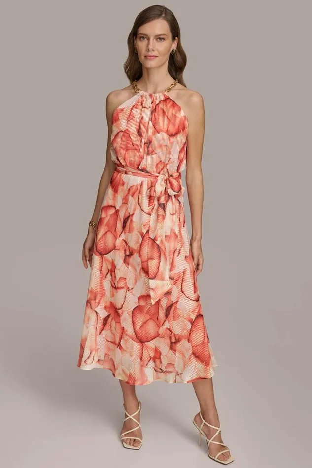 Women Donna Karan Dresses And Jumpsuits HALTER CHAIN NECK ALINE DRESS Terracotta Multi