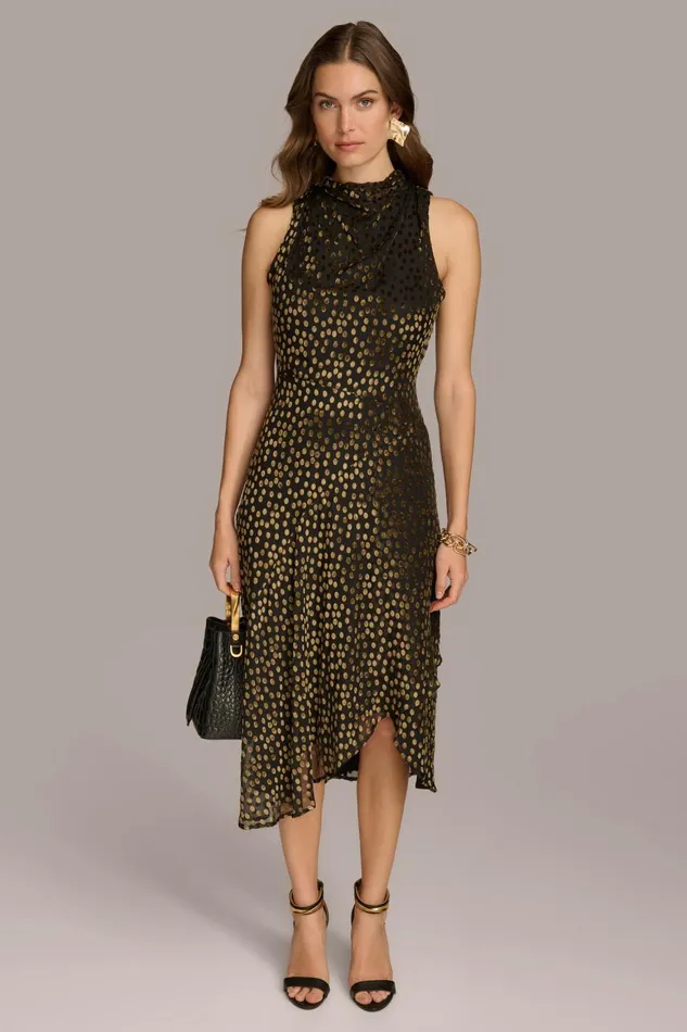 Women Donna Karan Dresses And Jumpsuits HIGH COWL NECK DRESS Blackgold Multi