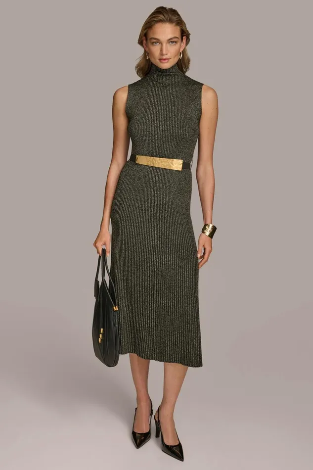 Women Donna Karan Dresses And Jumpsuits MOCK NECK RIBBED DRESS WITH BELT Blackgold Women Donna Karan Dresses And Jumpsuits MOCK NECK RIBBED DRESS WITH BELT Blackgold