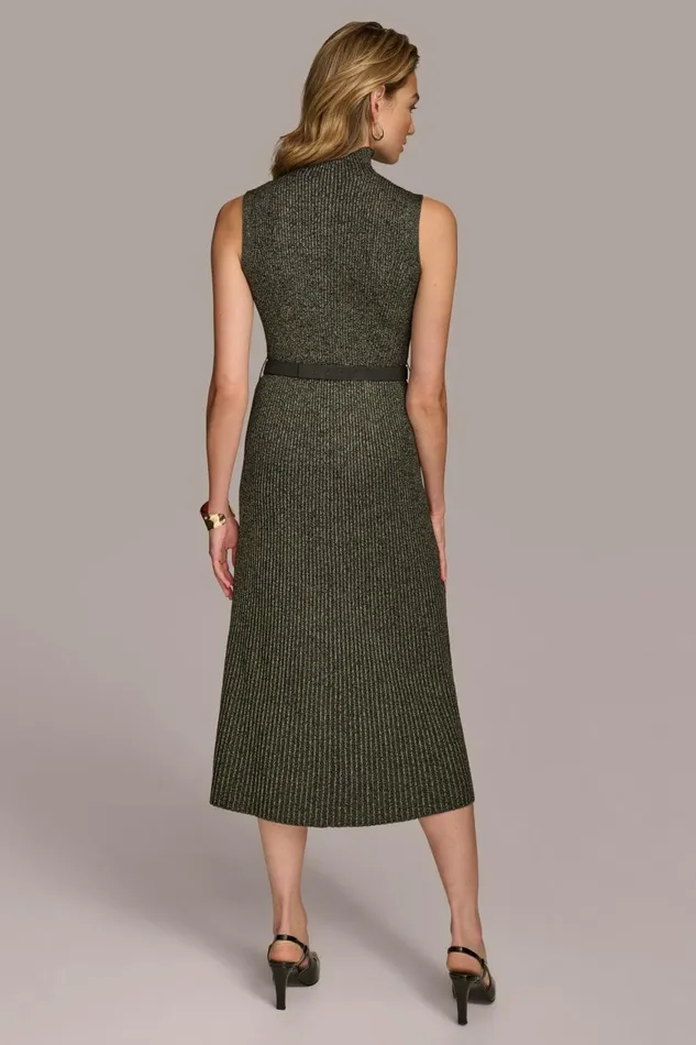 Women Donna Karan Dresses And Jumpsuits MOCK NECK RIBBED DRESS WITH BELT Blackgold