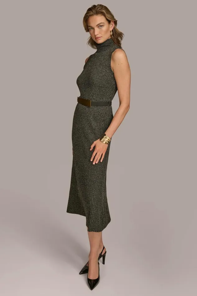 Women Donna Karan Dresses And Jumpsuits MOCK NECK RIBBED DRESS WITH BELT Blackgold