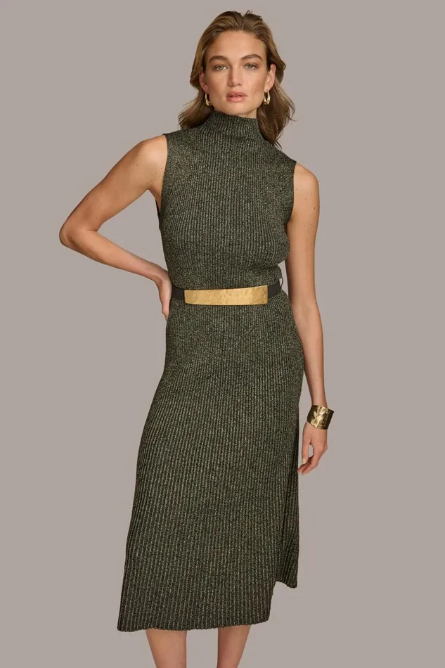 Women Donna Karan Dresses And Jumpsuits MOCK NECK RIBBED DRESS WITH BELT Blackgold