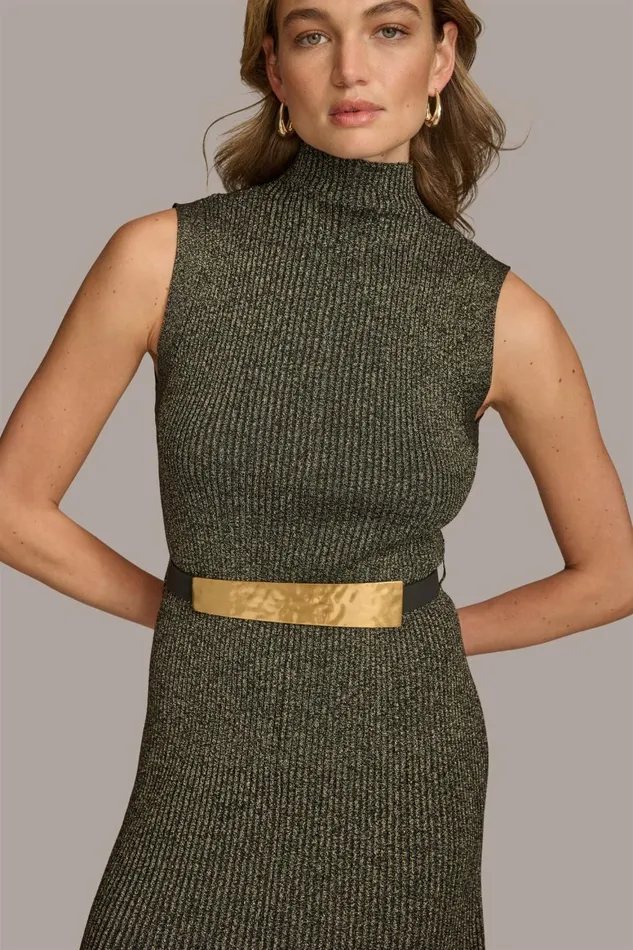 Women Donna Karan Dresses And Jumpsuits MOCK NECK RIBBED DRESS WITH BELT Blackgold