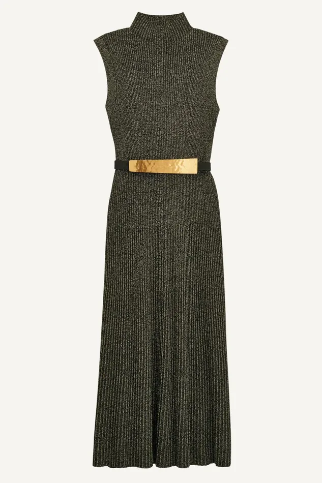 Women Donna Karan Dresses And Jumpsuits MOCK NECK RIBBED DRESS WITH BELT Blackgold
