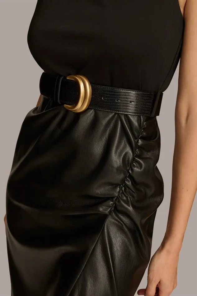 Women Donna Karan Dresses And Jumpsuits MOCK NECK TOP WITH FAUX LEATHER SKIRT DRESS Black