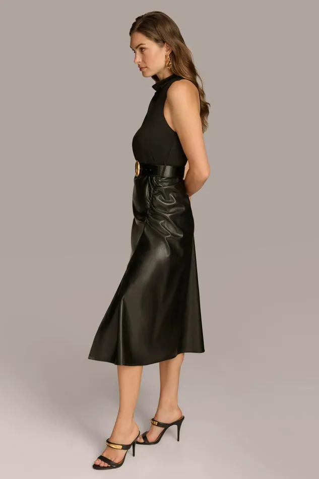 Women Donna Karan Dresses And Jumpsuits MOCK NECK TOP WITH FAUX LEATHER SKIRT DRESS Black