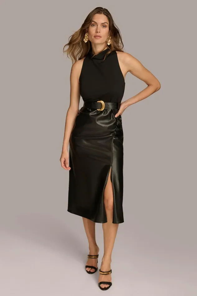 Women Donna Karan Dresses And Jumpsuits MOCK NECK TOP WITH FAUX LEATHER SKIRT DRESS Black
