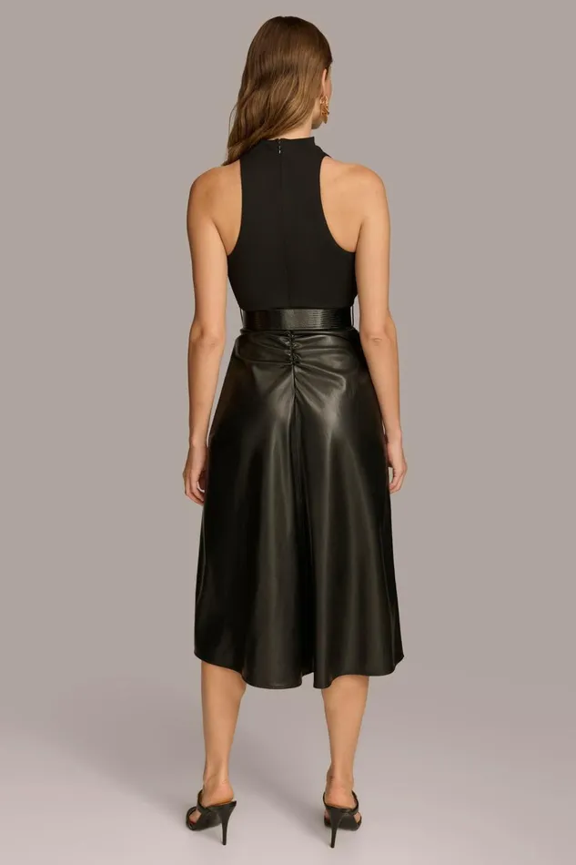 Women Donna Karan Dresses And Jumpsuits MOCK NECK TOP WITH FAUX LEATHER SKIRT DRESS Black
