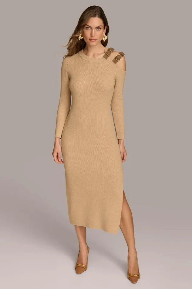 Women Donna Karan Dresses And Jumpsuits ONE SIDED COLD SHOULDER MIDI DRESS Camel Heather