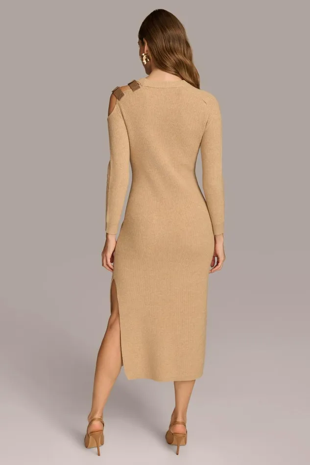 Women Donna Karan Dresses And Jumpsuits ONE SIDED COLD SHOULDER MIDI DRESS Camel Heather