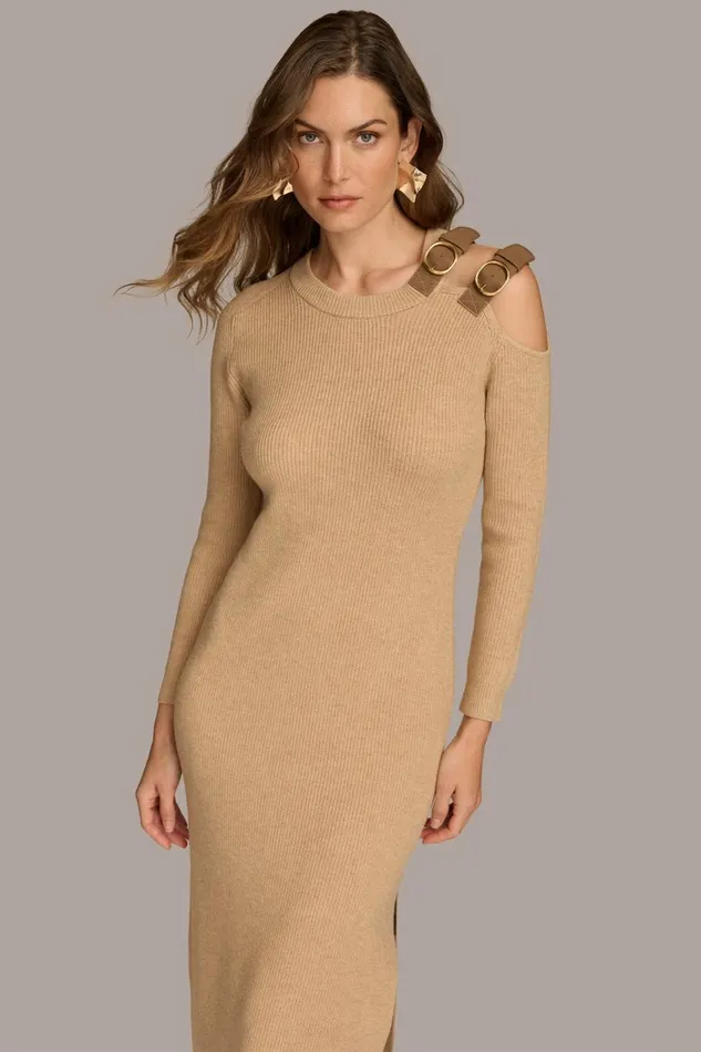 Women Donna Karan Dresses And Jumpsuits ONE SIDED COLD SHOULDER MIDI DRESS Camel Heather