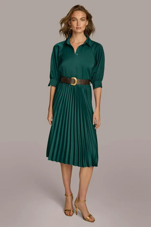 Women Donna Karan Dresses And Jumpsuits PLEATED SHIRT DRESS Spruce