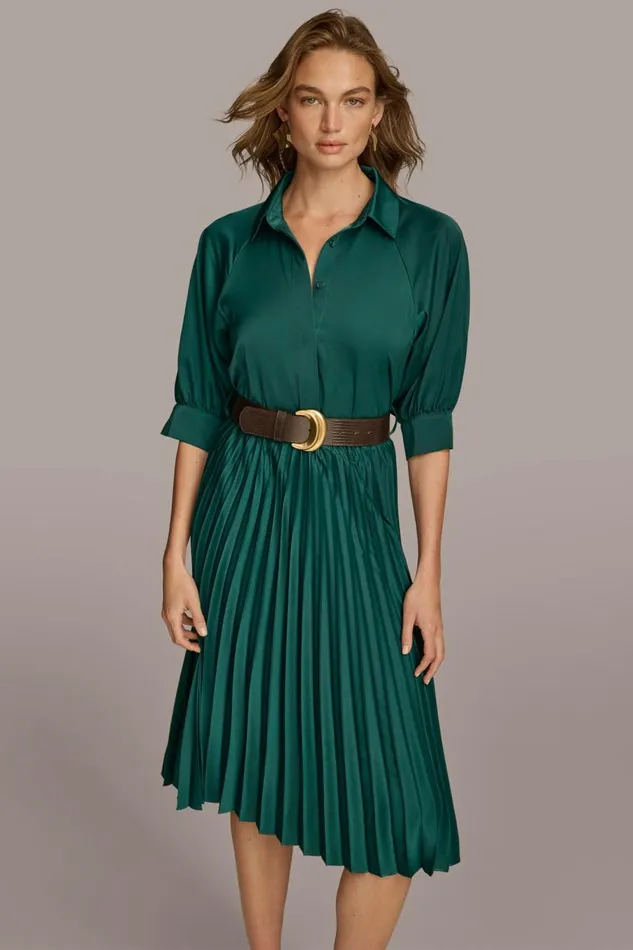 Women Donna Karan Dresses And Jumpsuits PLEATED SHIRT DRESS Spruce