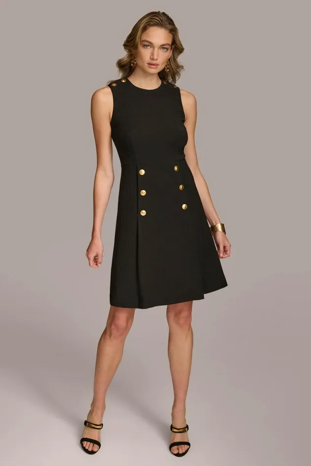 Women Donna Karan Dresses And Jumpsuits RIBBED DRESS WITH BUTTONS Black