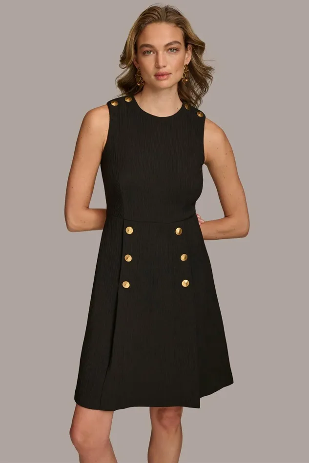 Women Donna Karan Dresses And Jumpsuits RIBBED DRESS WITH BUTTONS Black